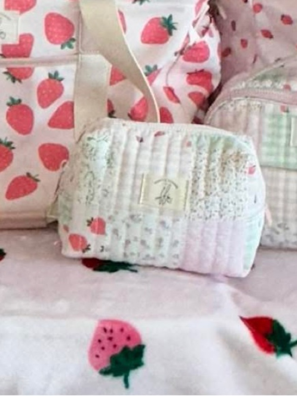 ISO Poppy & Peonies Small Patchwork strawberry Cosmetic Bag